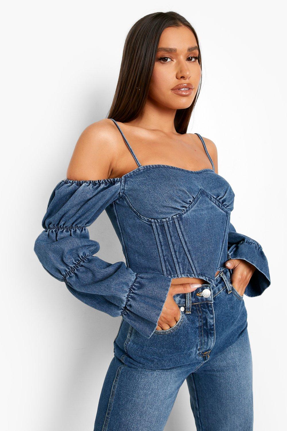 Volume Sleeve Denim Corset Top | boohoo